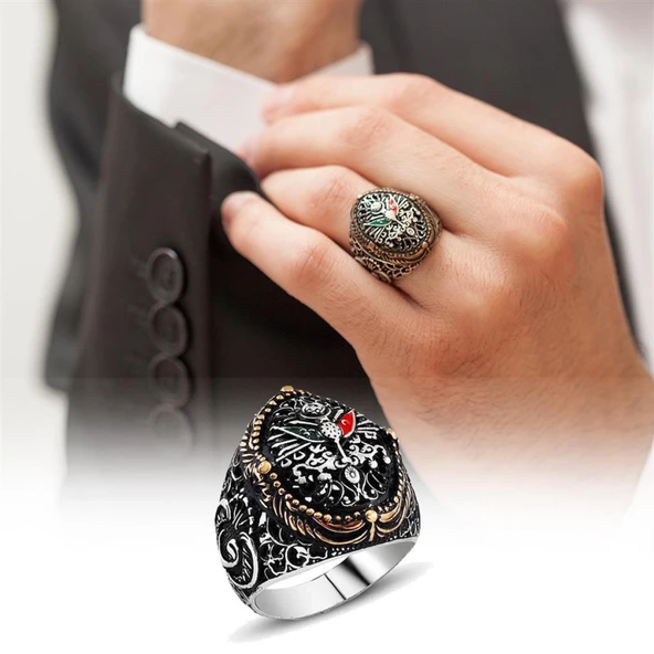 Gümüş Osmanlı Devleti  Armalı Erkek Yüzük - Resim 10