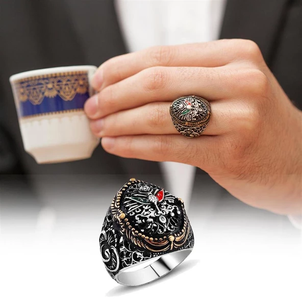 Gümüş Osmanlı Devleti  Armalı Erkek Yüzük - Resim 11