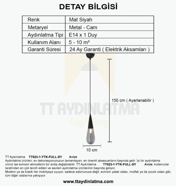 TT Aydınlatma TT023-1-YTK-FULL-SY TT Ayd Damla Modeli Mat Siyah Yatak Başlık - Banyo Avizesi - Resim 4