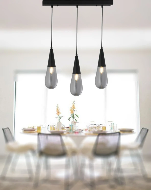 TT Aydınlatma TT023-3S-FULL-SY  Mat Siyah 3 lü Damla Modeli Sıralı Avize - Resim 3