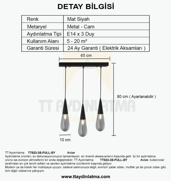 TT Aydınlatma TT023-3S-FULL-SY  Mat Siyah 3 lü Damla Modeli Sıralı Avize - Resim 4
