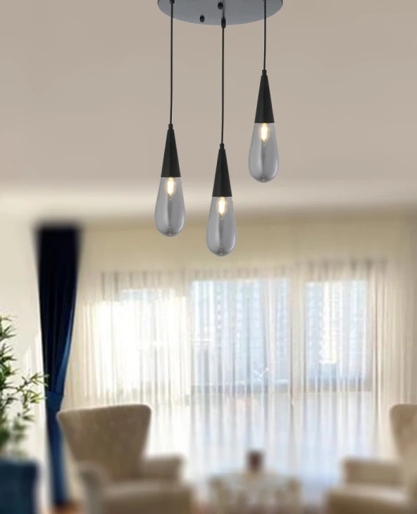 TT Aydınlatma TT023-3Y-FULL-SY  Mat Siyah 3 lü Damla Modeli Yuvarlak Avize - Resim 2