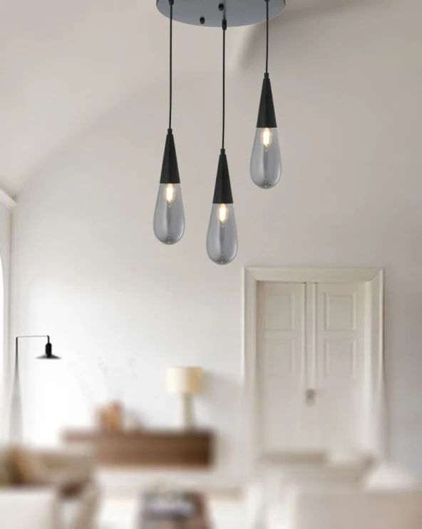 TT Aydınlatma TT023-3Y-FULL-SY  Mat Siyah 3 lü Damla Modeli Yuvarlak Avize - Resim 3