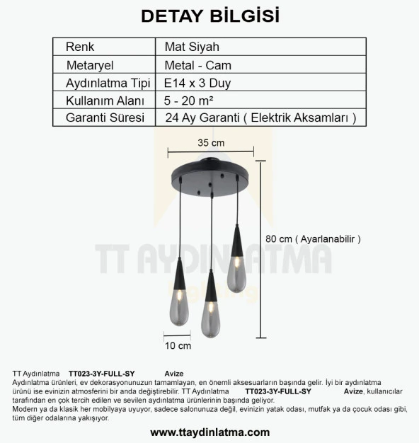 TT Aydınlatma TT023-3Y-FULL-SY  Mat Siyah 3 lü Damla Modeli Yuvarlak Avize - Resim 4