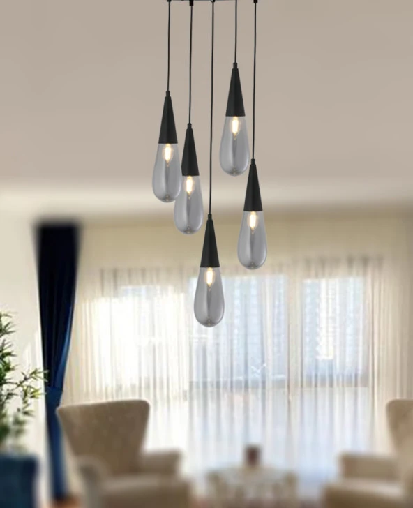 TT Aydınlatma TT023-5Y-FULL-SY  Full Mat Siyah 5 li Damla Modeli Avize - Resim 2