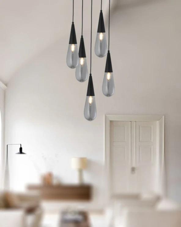 TT Aydınlatma TT023-5Y-FULL-SY  Full Mat Siyah 5 li Damla Modeli Avize - Resim 3