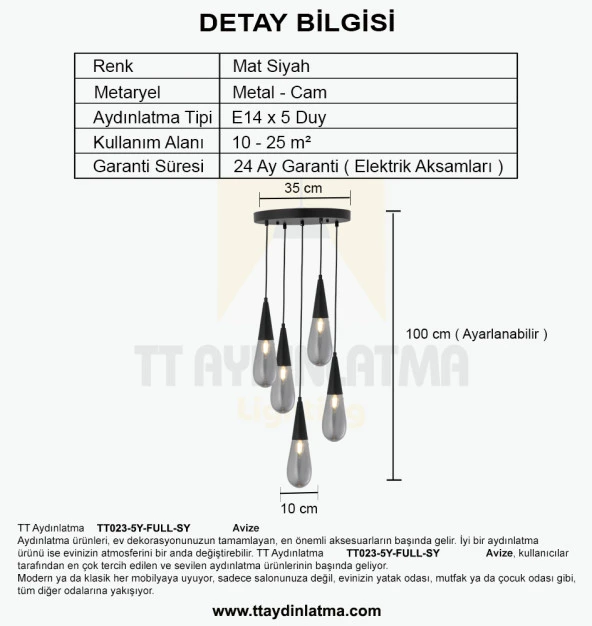 TT Aydınlatma TT023-5Y-FULL-SY  Full Mat Siyah 5 li Damla Modeli Avize - Resim 4