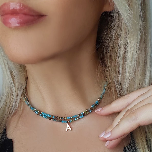Vaoov 925 Ayar Gümüş Turkuaz ve Antrasit Renkli Kristal Taşlı Choker Harf Kolye