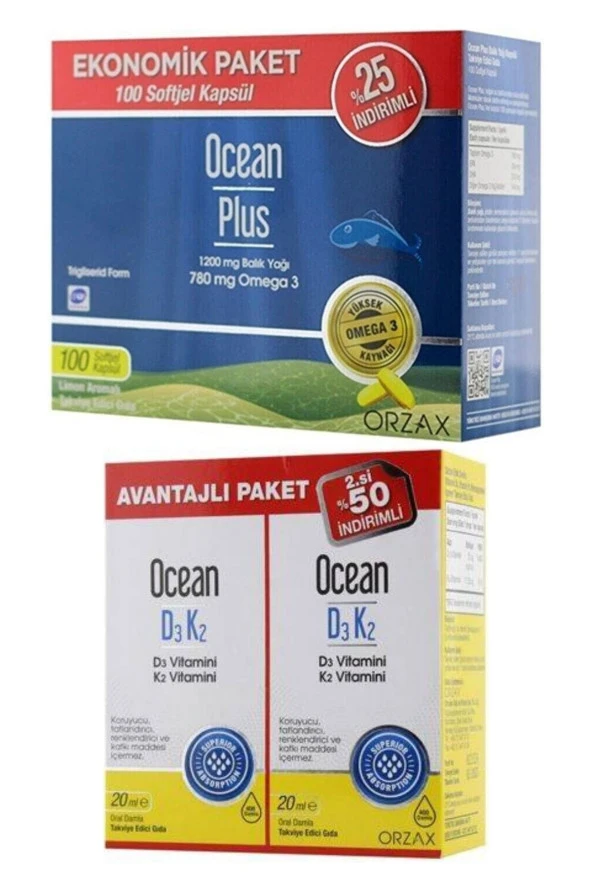 Plus Omega 3 1200 Mg 100 Kapsül + Ocean Vitamin D3k2 Damla 20 Ml 2 li Avantaj Paket
