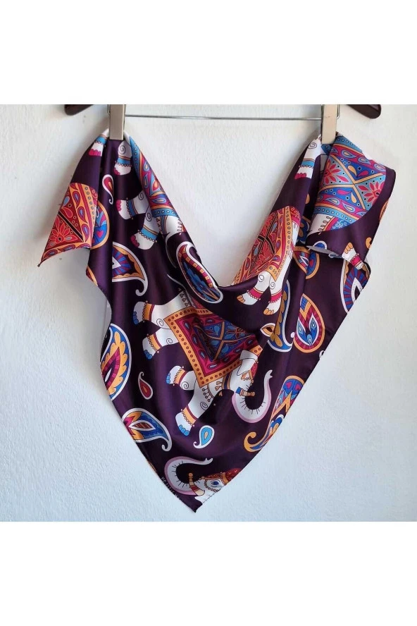 Hediyelik Ipek Saten Mor Fular Bandana Meditasyon Koleksiyonu Mandala Fil Detaylı