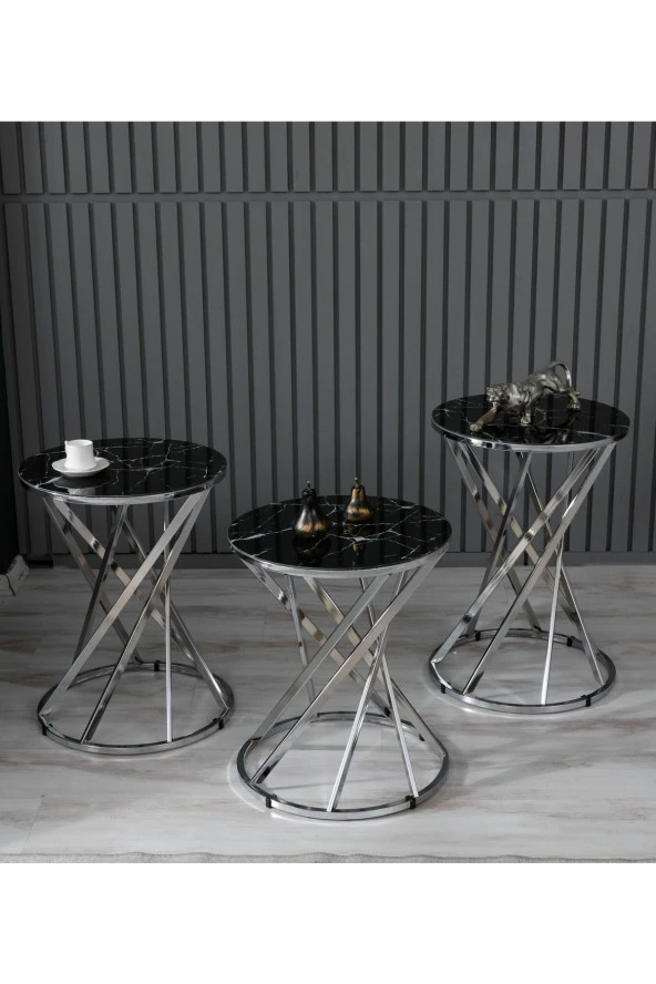 boons Laura Zigon Sehpa Takımı - Krom Siyah Mermer