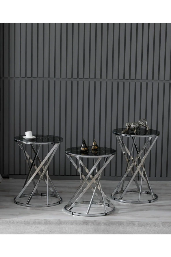 boons Laura Zigon Sehpa Takımı - Krom Siyah Mermer - 2