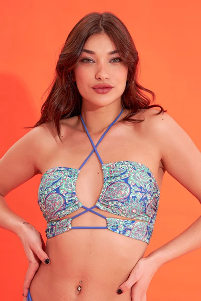 Renkli Marana Boyundan Bağlamalı Tek Üst Bikini