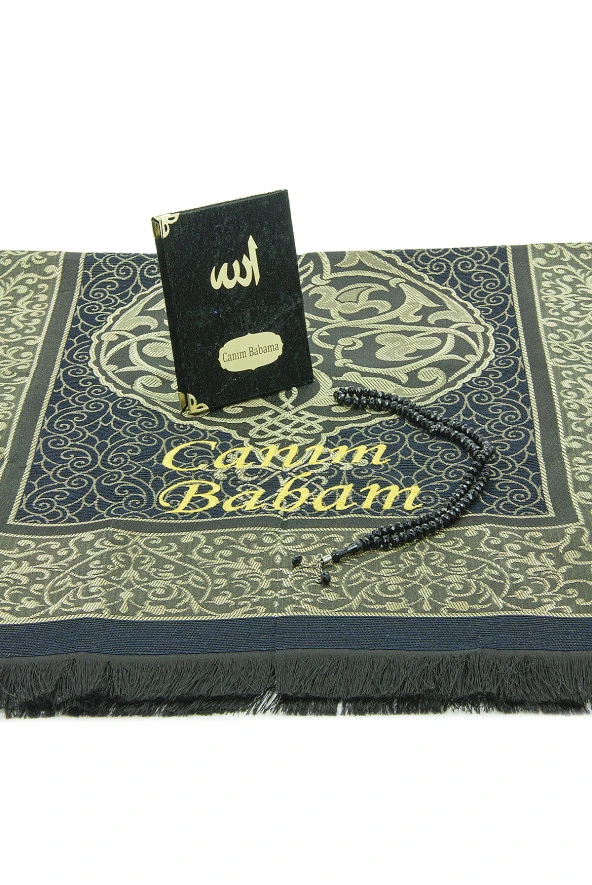 Babalar Günü Tesbihli Yasin Kitabı Kişiye Özel İsimli Seccade Seti Siyah - Resim 4