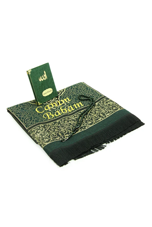 Babalar Günü Tesbihli Yasin Kitabı Kişiye Özel İsimli Seccade Seti Yeşil - Resim 3