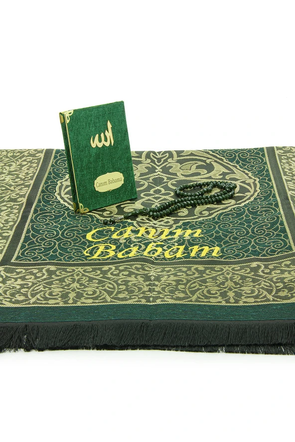 Babalar Günü Tesbihli Yasin Kitabı Kişiye Özel İsimli Seccade Seti Yeşil - Resim 4