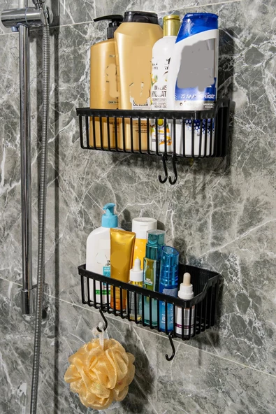 Periboia 2 Li Plastik Yapışkanlı Askılı Mutfak- Banyo Rafı Düzenleyici Duş Şampuanlık