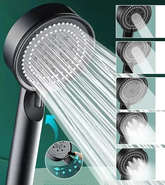Periboia 5 Modlu Duş Başlığı Tasarruflu Masaj Etkisi Banyo Duş Başlığı Siyah - 2