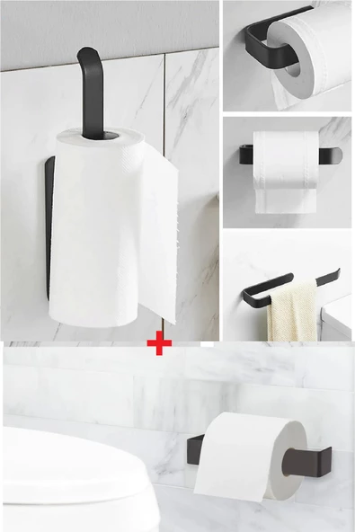 Periboia 2 Lİ Set Mat Siyah Metal Kağıt Havlu Askısı Ve Tuvalet Kağıtlığı Vida veya Yapıştırmalı  Set ürün görseli