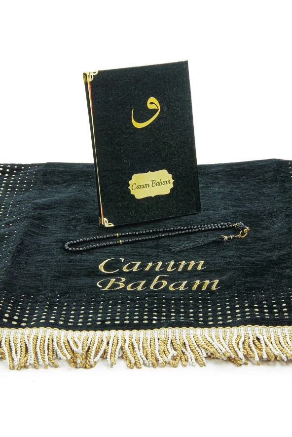 Babalar Günü Yasin Kitabı Tesbih Kişiye Özel İsimli Seccade Seti Siyah - Resim 4