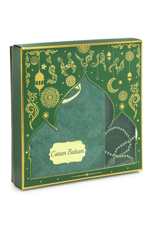 Babalar Günü Yasin Kitabı Tesbih Kişiye Özel İsimli Seccade Seti Yeşil - Resim 2