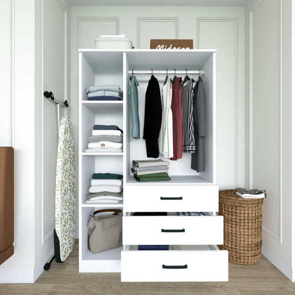 Midoser Easy Mat Beyaz 3 Kapılı 3 Çekmeceli Çok Amaçlı Elbise Dolabı - 2
