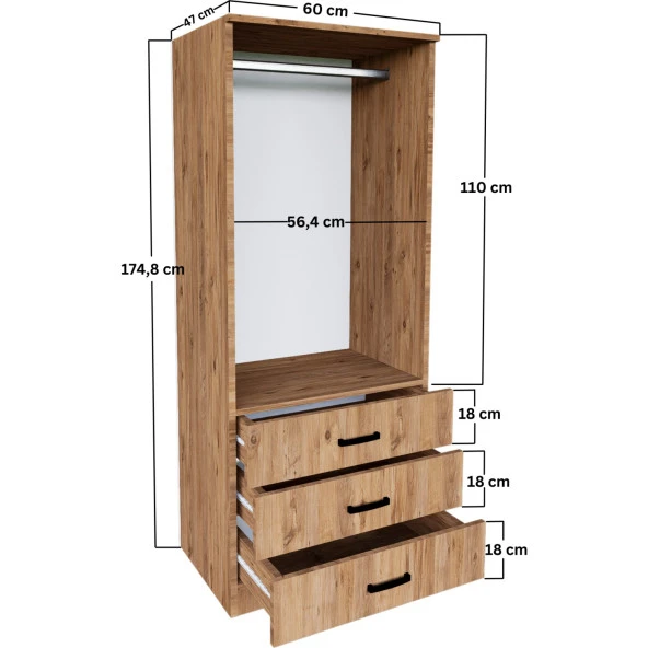 Midoser Easy Atlantik Çam 2 Kapılı 3 Çekmeceli Gardırop - 5