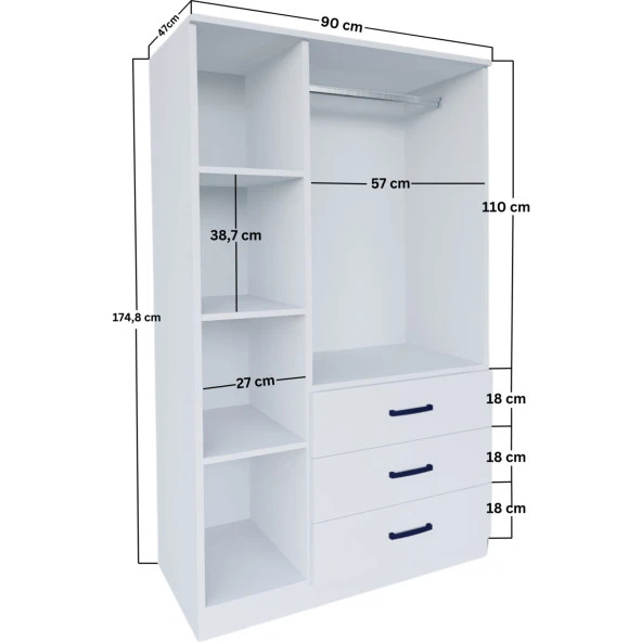 Midoser Easy Mat Beyaz 3 Kapılı 3 Çekmeceli Çok Amaçlı Elbise Dolabı - 8