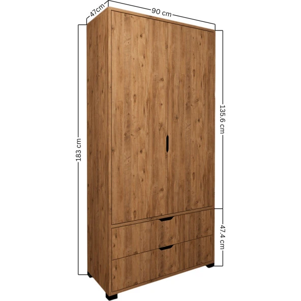 Midoser Atlas 2 Kapılı 2 Çekmeceli Çam Çok Amaçlı Gardırop - 5