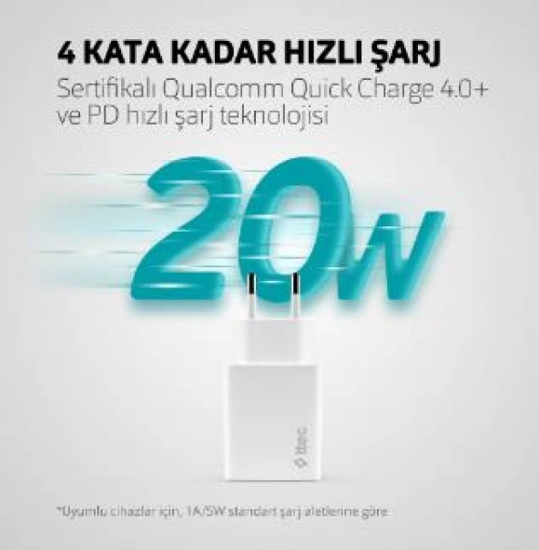 Ttec SmartCharger 20W PD Seyahat Hızlı Şarj Aleti + USB-C - USB-C 3A TYP-C Kablo Beyaz - 2