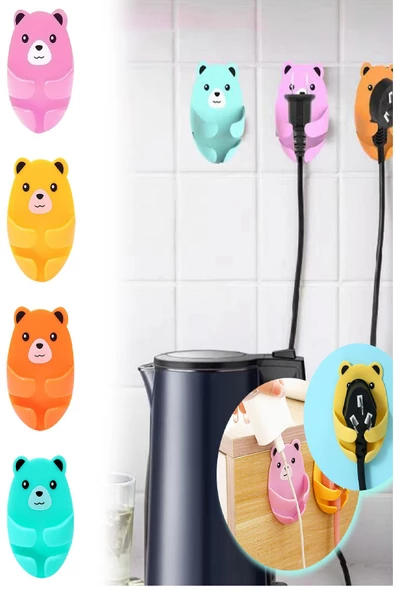 Periboia 4Lü  Renkli Sevimli Kucaklayan Ayıcık Fiş Kablo Tutucu Düzenleyici Yapışkanlı - 2