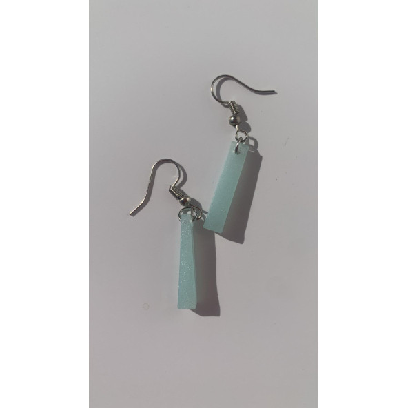 Buz Mavi Renkli Simli Sedefli Parlak Gümüş Aksesuarlı Çubuk Şekil Sallantılı Epoksi Küpe Hediyelik - Resim 7