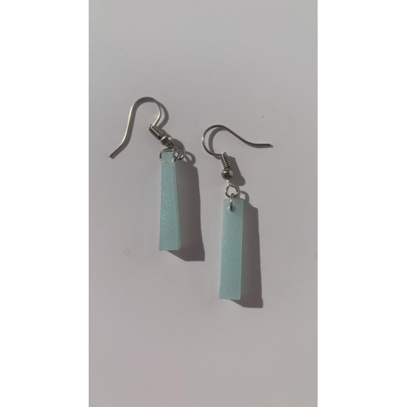 Buz Mavi Renkli Simli Sedefli Parlak Gümüş Aksesuarlı Çubuk Şekil Sallantılı Epoksi Küpe Hediyelik - Resim 8