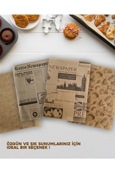 Periboia 50 Adet Kendinden Desenli Yağlı Kağıt Vintage Gazete Desen Servis ve Sunum Kağıdı Karışık Desen - Resim 4