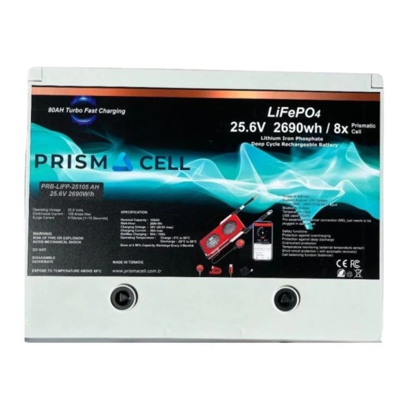 Prismacell Lifepo4 105ah 25.6 Volt Prizmatik Smart Bluetooth 2690 Watt Akü TURBO CHARGING Solar Akü