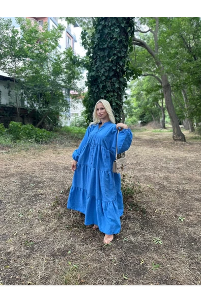 ELB010 V Yaka  Yarı Düğmeli Bol Kesim Kolu Lastikli Elbise Mavi - 4