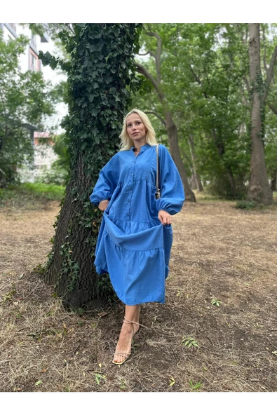 ELB010 V Yaka  Yarı Düğmeli Bol Kesim Kolu Lastikli Elbise Mavi - 2