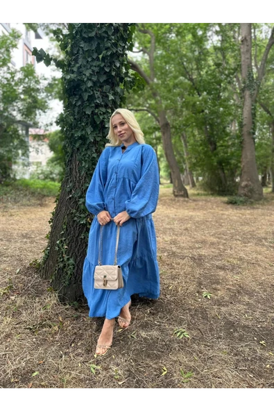 ELB010 V Yaka  Yarı Düğmeli Bol Kesim Kolu Lastikli Elbise Mavi - 3