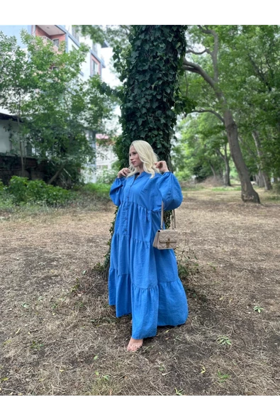 ELB010 V Yaka  Yarı Düğmeli Bol Kesim Kolu Lastikli Elbise Mavi - 5