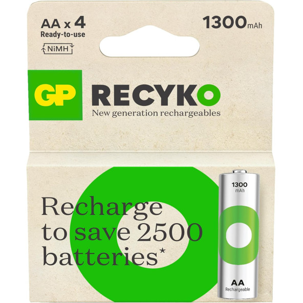 GP Batteries ReCyko 1300 AA Kalem Ni-Mh Şarjlı Pil, 1.2 Volt, 4'lü Kart