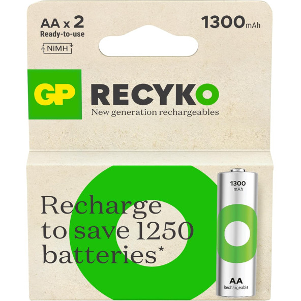 GP Batteries ReCyko 1300 AA Kalem Ni-MH Şarjlı Pil, 1.2 Volt, 2'li Kart