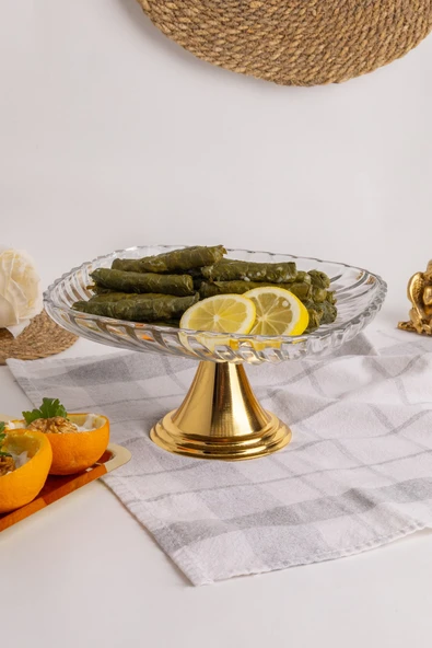 Gold Ayaklı Kare Cam Sunumluk Kase, Sarma, Dolma, Salata, Meyve, ve Pasta Sunum Stantı, Çeyizlik