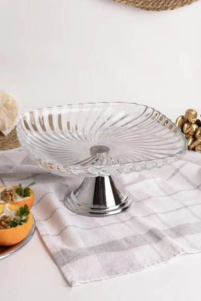 Gümüş Ayaklı Kare Cam Sunumluk Kase, Sarma, Dolma, Salata, Meyve, ve Pasta Sunum Stantı, Çeyizlik - 3