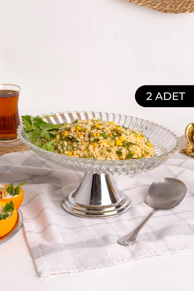 2'li Gümüş Ayaklı Oval Cam Sunumluk, Sarma, Dolma, Salata, Meyve, ve Pasta Stantı, Çeyizlik