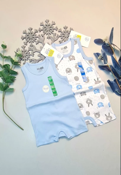 pilelistore Erkek Bebek Mavi  Hello Baby Yazlık Kolsuz Çıtçtıtlı Body Tulum 2 Adet