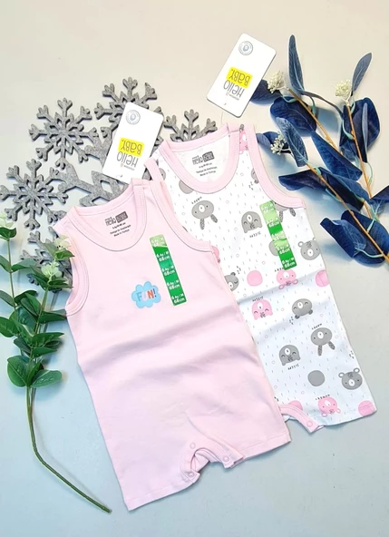 pilelistore Kız Bebek Pembe  Hello Baby Yazlık Kolsuz Çıtçtıtlı Body Tulum 2 Adet