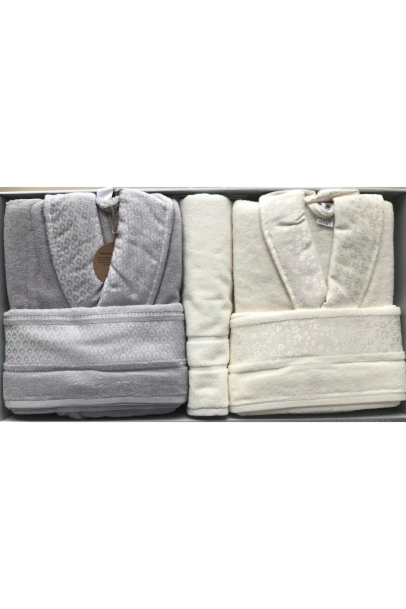 Özdilek Camellia Gri Krem Aile Bornoz Seti + Banyo Paspas 4542