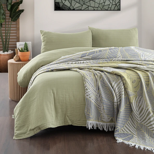 Schafer Home Nature Müslin Yatak Örtüsü Nevresim Seti 5 Parça-Yeşil