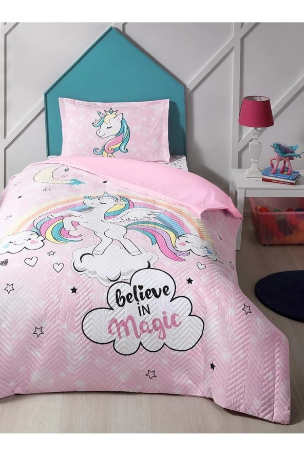 Özdilek Kapitoneli Tek Kişilik Çocuk Dört Mevsim Nevresim Takımı Complete Set-unicorn Pembe
