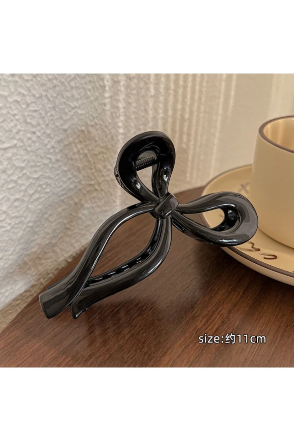 Kadın Siyah Büyük Boy Fiyonk Parlak Kırılmaz Toka (11Cm) - 5